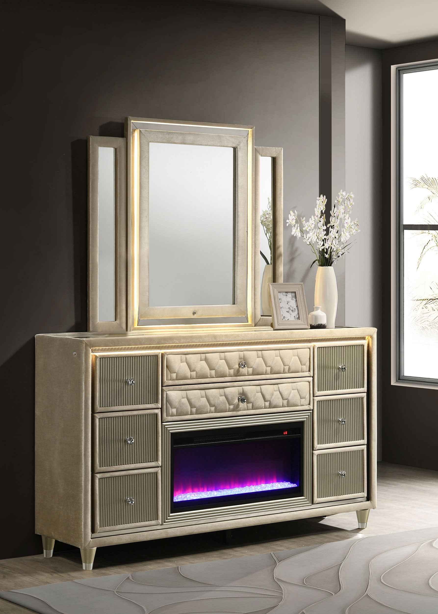 Lorient LED Dresser with LED Mirror and Flame Visualizer