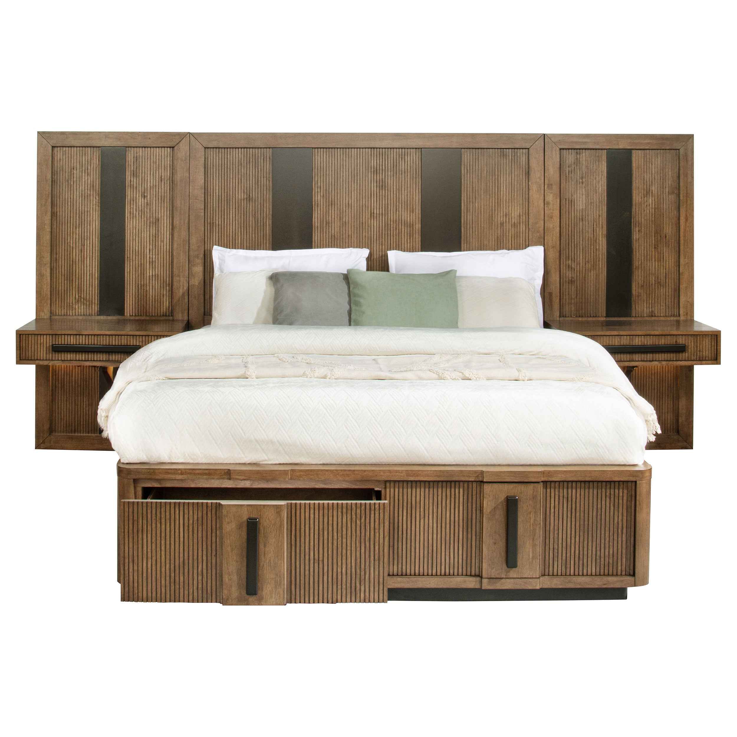 Terrace Wall Panel Platform Storage Bed with Attached Nightstands