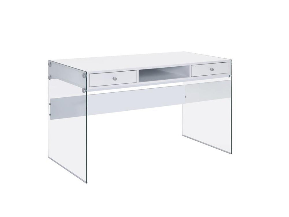 Dobrev 2-drawer Writing Desk Glossy White and Clear - VIP FURNITURE (NJ)