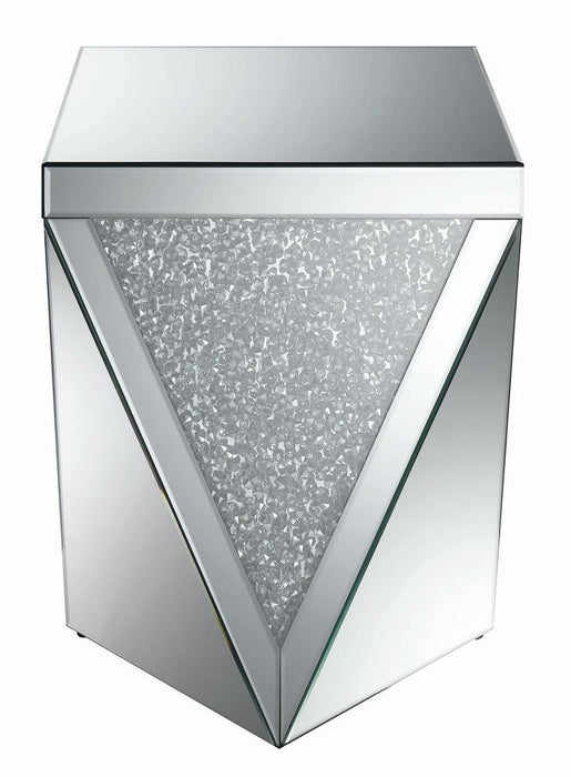 Amore Square End Table with Triangle Detailing Silver and Clear Mirror - VIP FURNITURE (NJ)