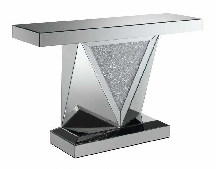 Amore Rectangular Sofa Table with Triangle Detailing Silver and Clear Mirror - VIP FURNITURE (NJ)