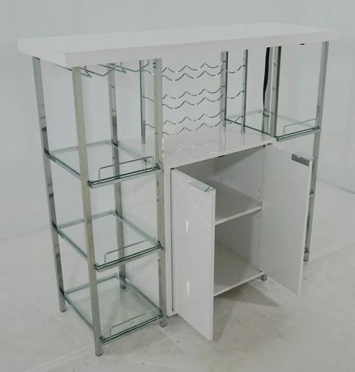 Gallimore 2-door Bar Cabinet with Glass Shelf High Glossy White and Chrome - VIP FURNITURE (NJ)