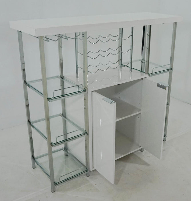 Gallimore 2-door Bar Cabinet with Glass Shelf High Glossy White and Chrome - VIP FURNITURE (NJ)