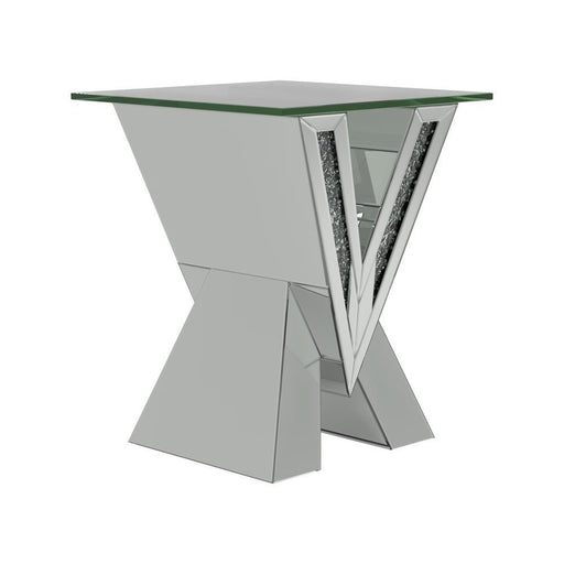 Taffeta V-shaped End Table with Glass Top Silver - VIP FURNITURE (NJ)