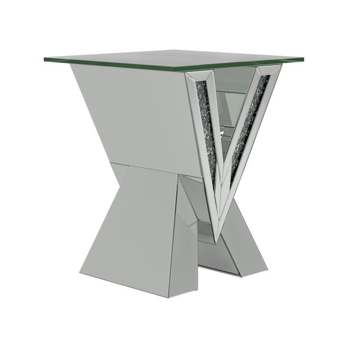 Taffeta V-shaped End Table with Glass Top Silver - VIP FURNITURE (NJ)