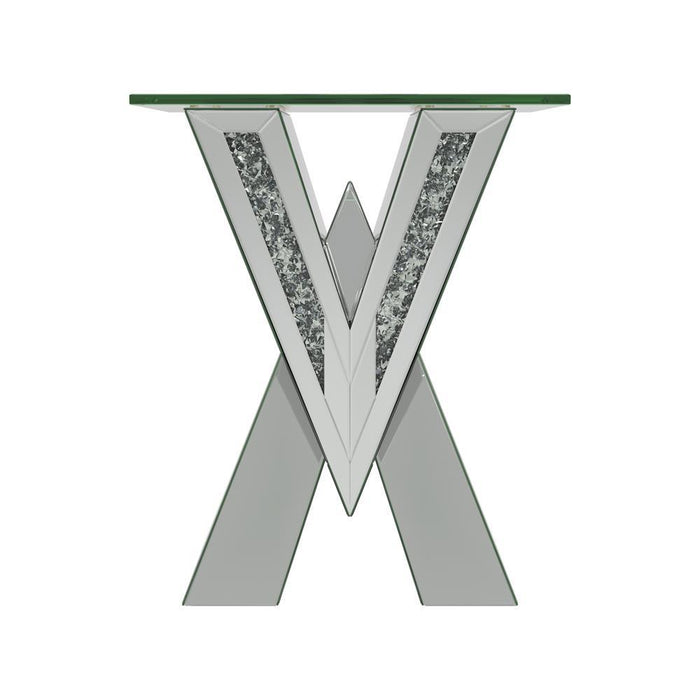 Taffeta V-shaped End Table with Glass Top Silver - VIP FURNITURE (NJ)