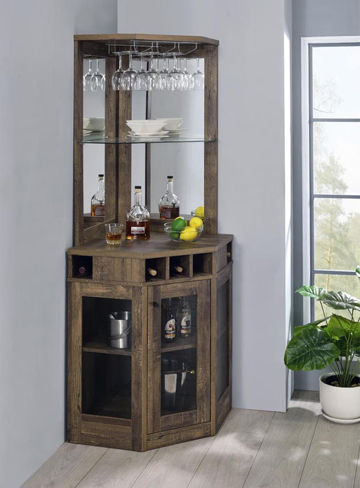 Alviso Corner Bar Cabinet with Stemware Rack Rustic Oak - VIP FURNITURE (NJ)