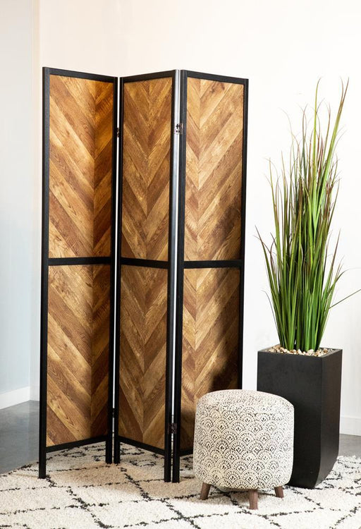 Marlene Herringbone Pattern 3-panel Screen Rustic Tobacco and Black - VIP FURNITURE (NJ)