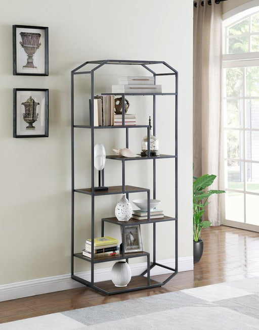 Leland 6-shelf Bookcase Rustic Brown and Dark Grey - VIP FURNITURE (NJ)