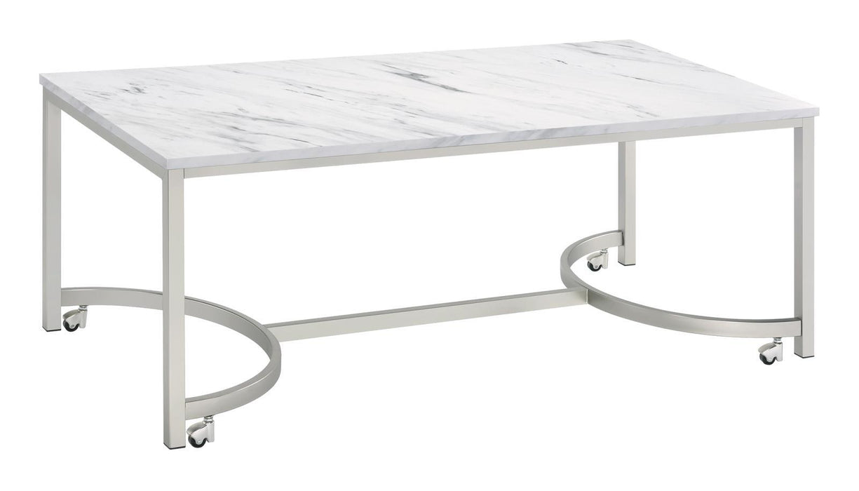 Leona Coffee Table with Casters White and Satin Nickel - VIP FURNITURE (NJ)