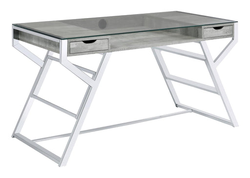 Emelle 2-drawer Glass Top Writing Desk Grey Driftwood and Chrome - VIP FURNITURE (NJ)