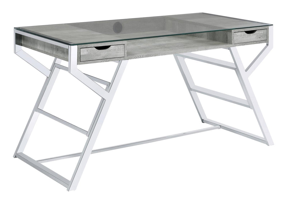 Emelle 2-drawer Glass Top Writing Desk Grey Driftwood and Chrome - VIP FURNITURE (NJ)