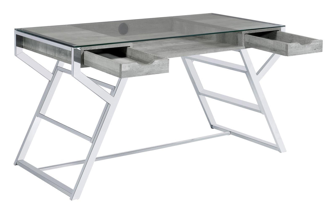 Emelle 2-drawer Glass Top Writing Desk Grey Driftwood and Chrome - VIP FURNITURE (NJ)