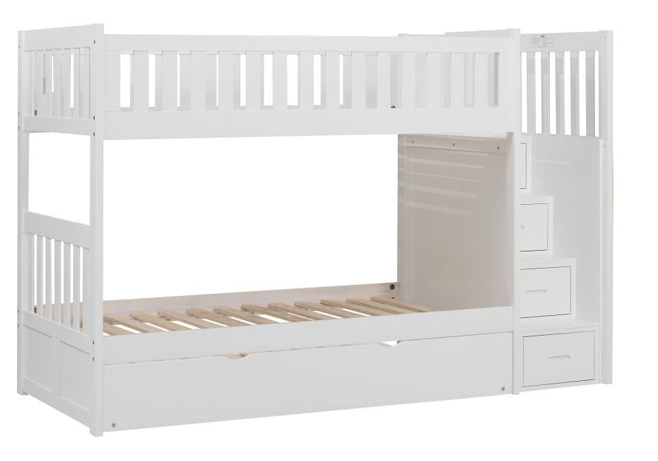 Galen Bunk Bed w/ Reversible Step Storage and Twin Trundle in White B2053SBW-1*R - VIP FURNITURE (NJ)