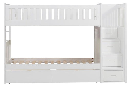 Galen Bunk Bed w/ Reversible Step Storage and Storage Boxes in White B2053SBW-1*T - VIP FURNITURE (NJ)