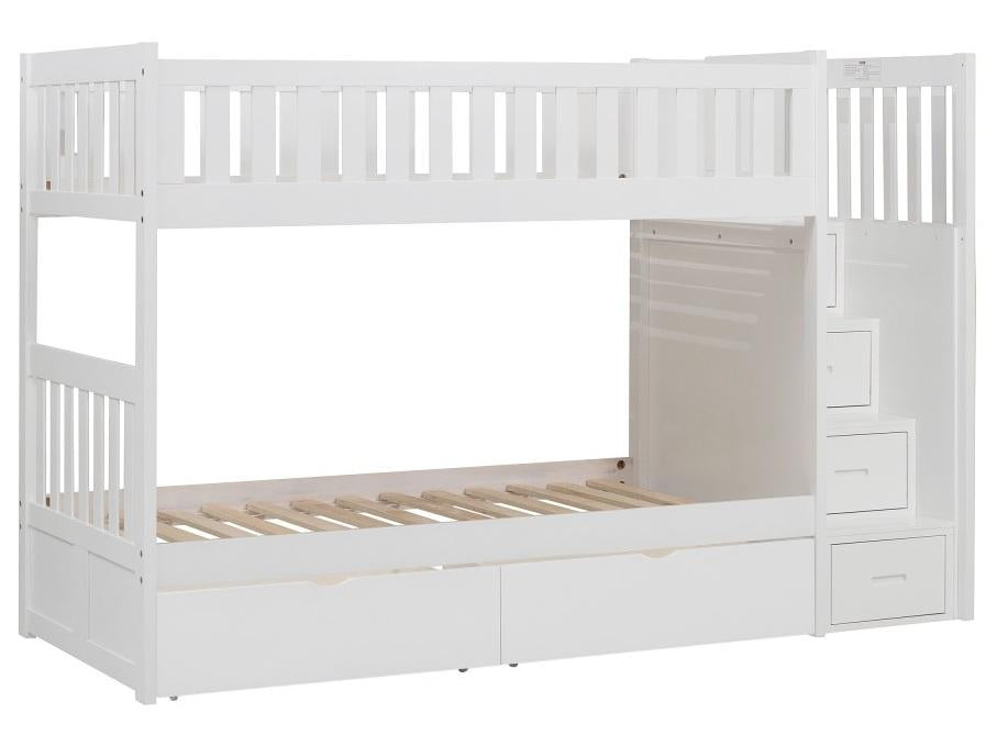 Galen Bunk Bed w/ Reversible Step Storage and Storage Boxes in White B2053SBW-1*T - VIP FURNITURE (NJ)