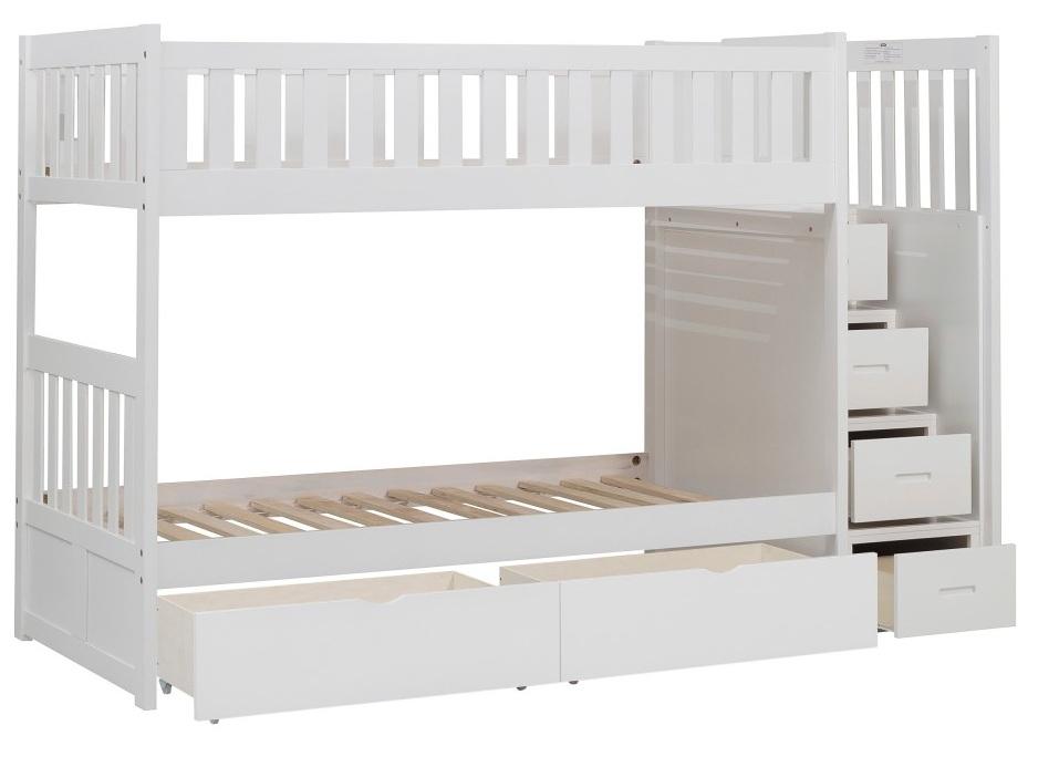 Galen Bunk Bed w/ Reversible Step Storage and Storage Boxes in White B2053SBW-1*T - VIP FURNITURE (NJ)