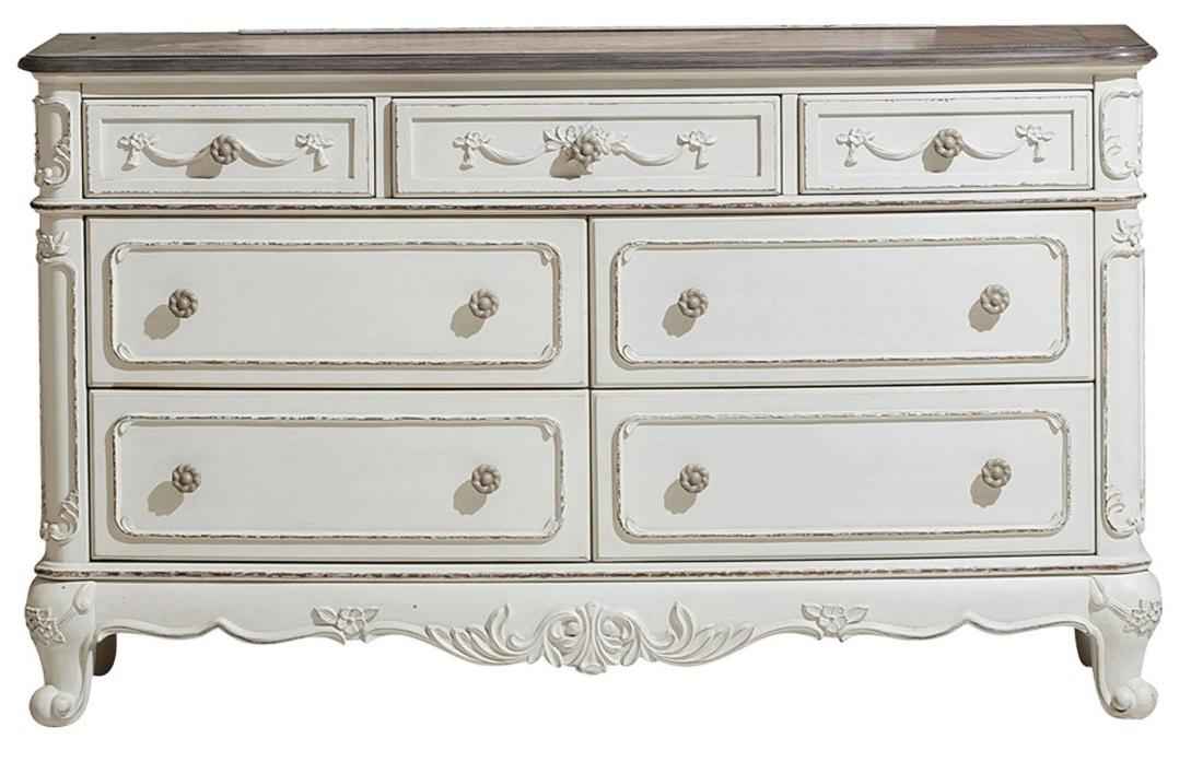 Cinderella 7 Drawer Dresser in Antique White with Grey Rub-Through 1386NW-5