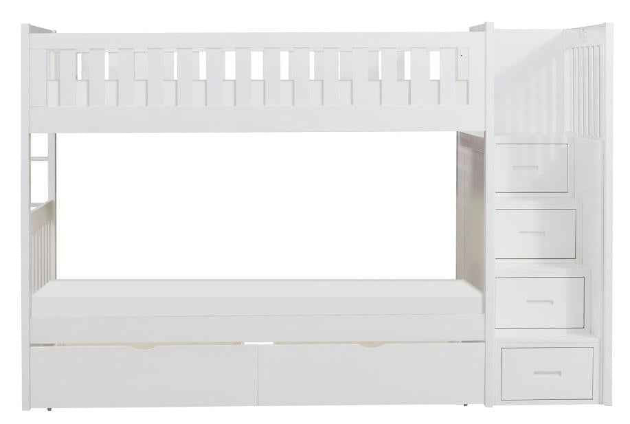 Galen Bunk Bed w/ Reversible Step Storage and Storage Boxes in White B2053SBW-1*T